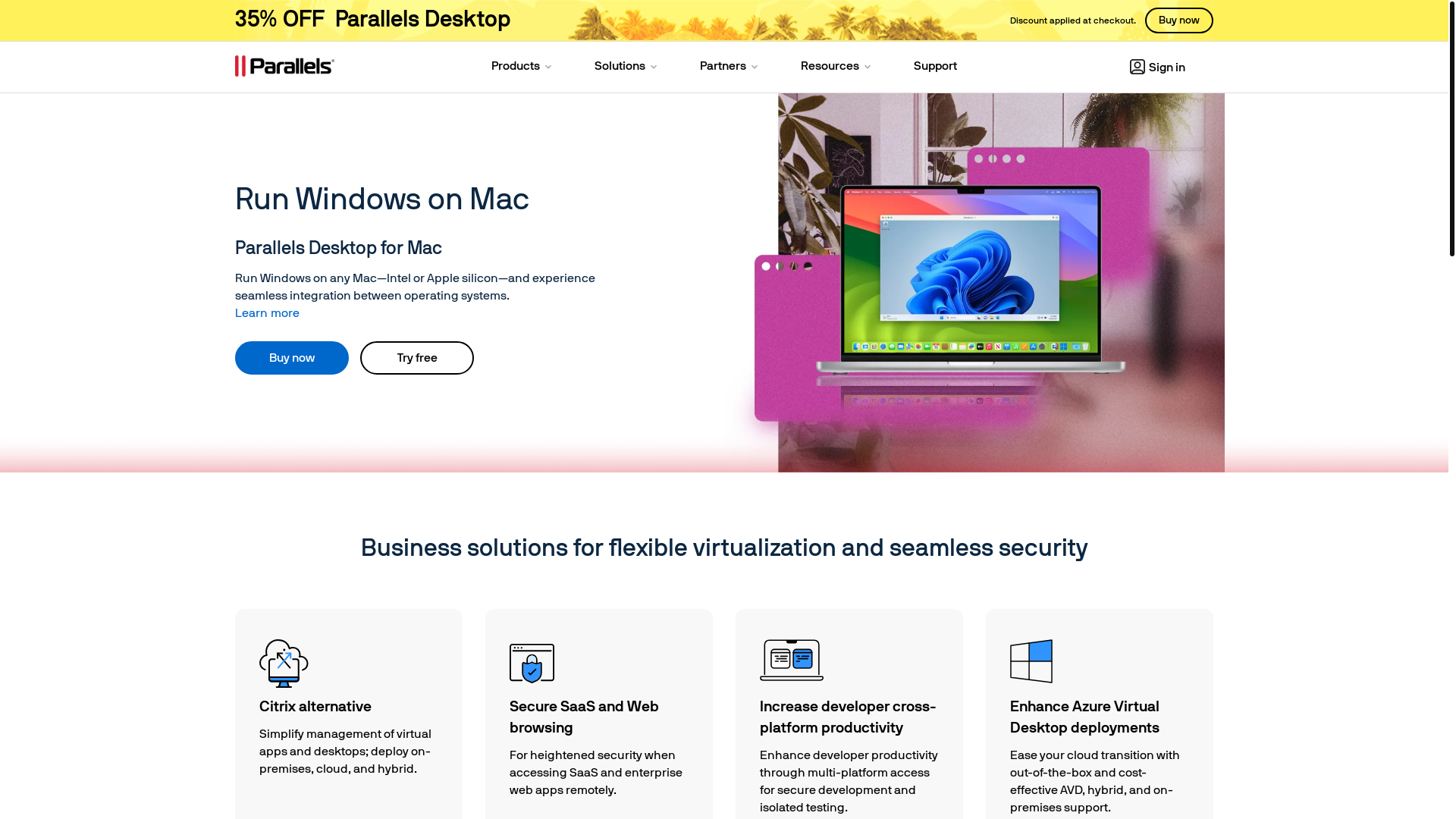 website screenshot of https://www.parallels.com/