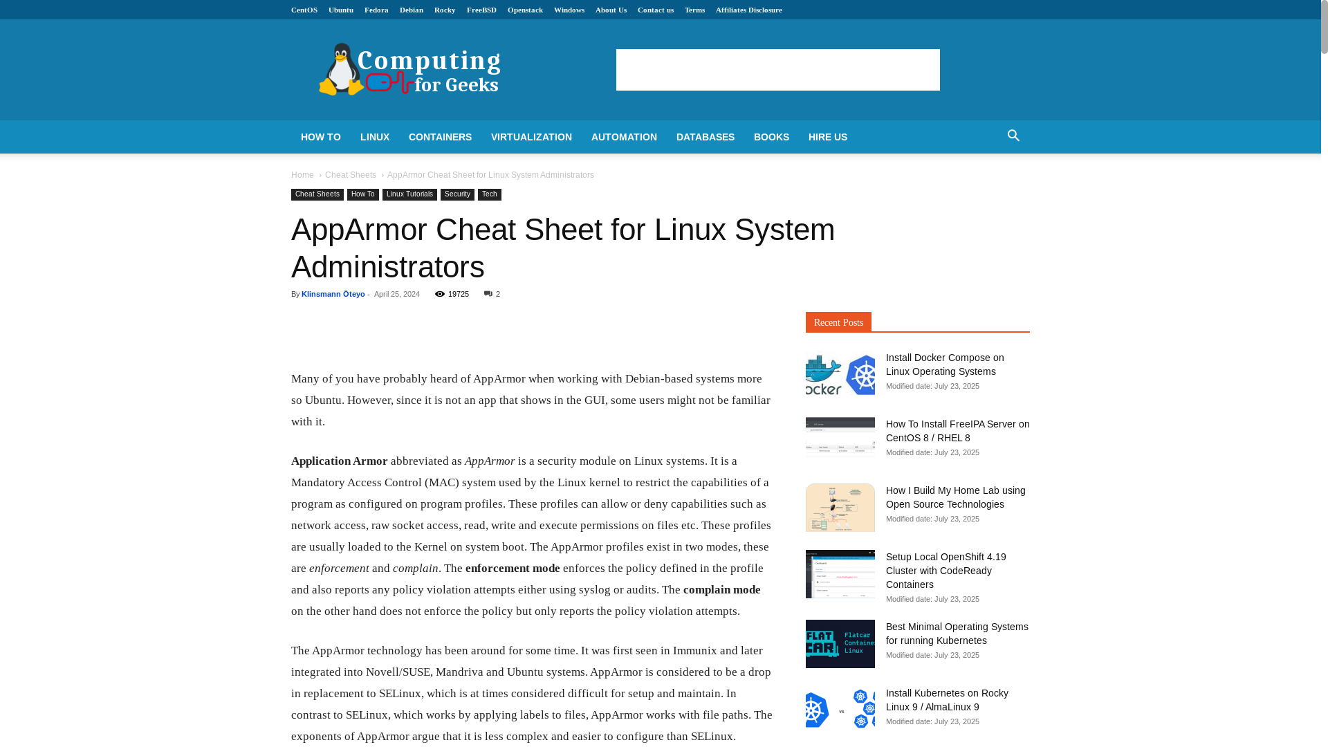 website screenshot of https://computingforgeeks.com/apparmor-cheat-sheet-for-linux-system-administrators/