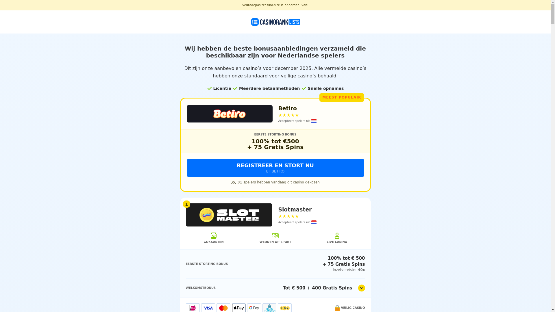 website screenshot of https://5eurodepositcasino.site/