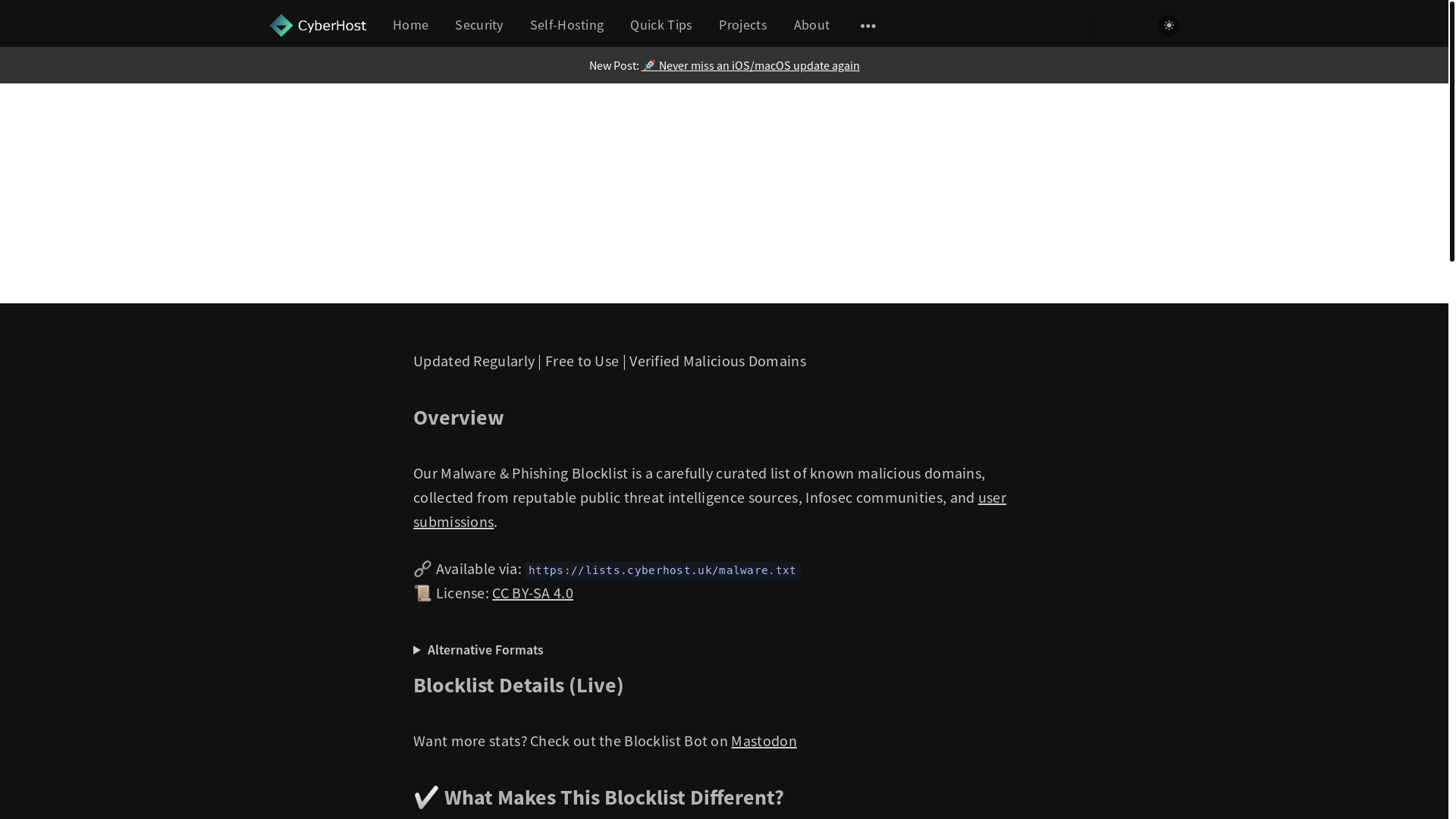 website screenshot of https://cyberhost.uk/malware-blocklist/