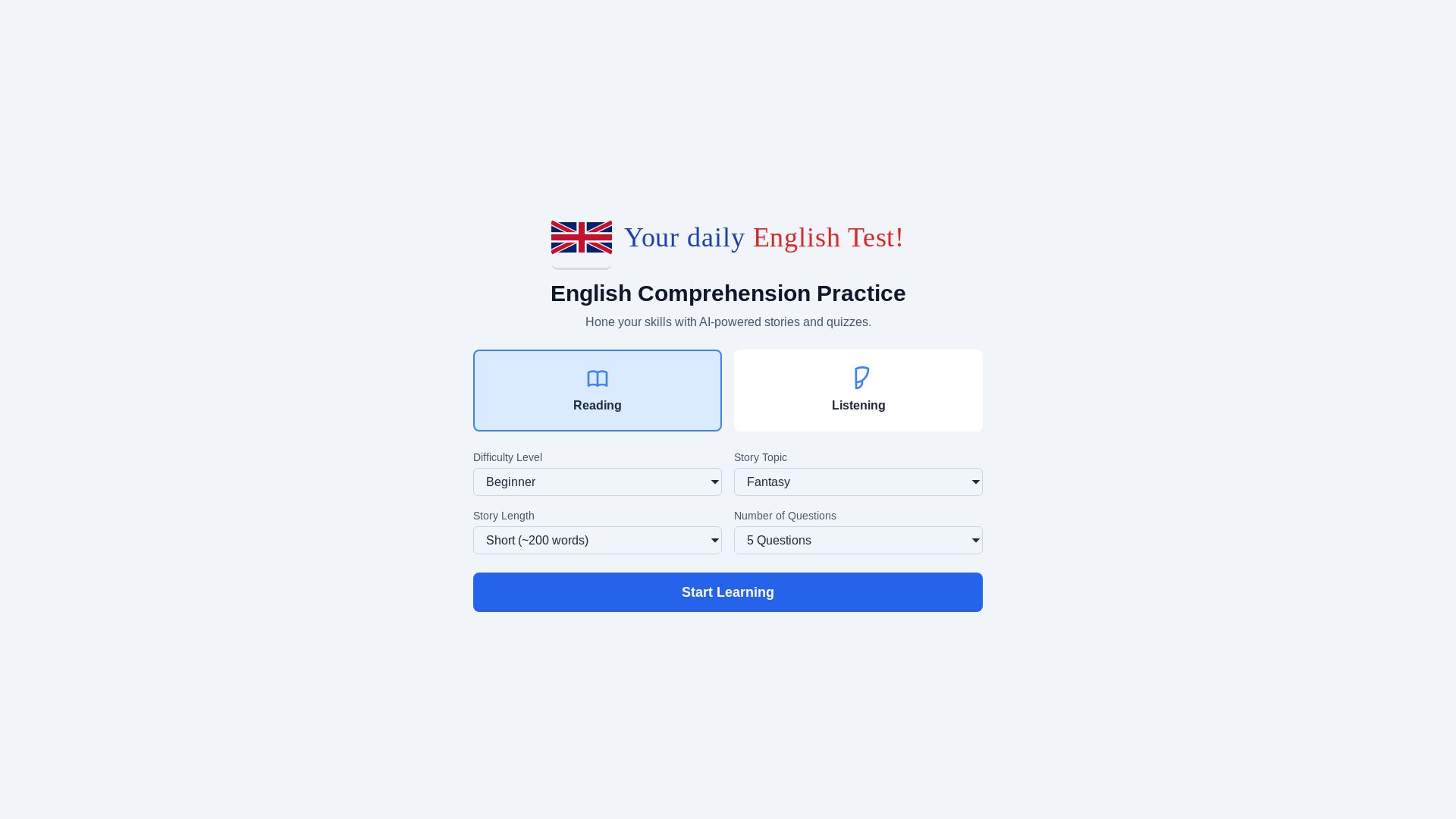 website screenshot of https://dailyenglishtest.es/