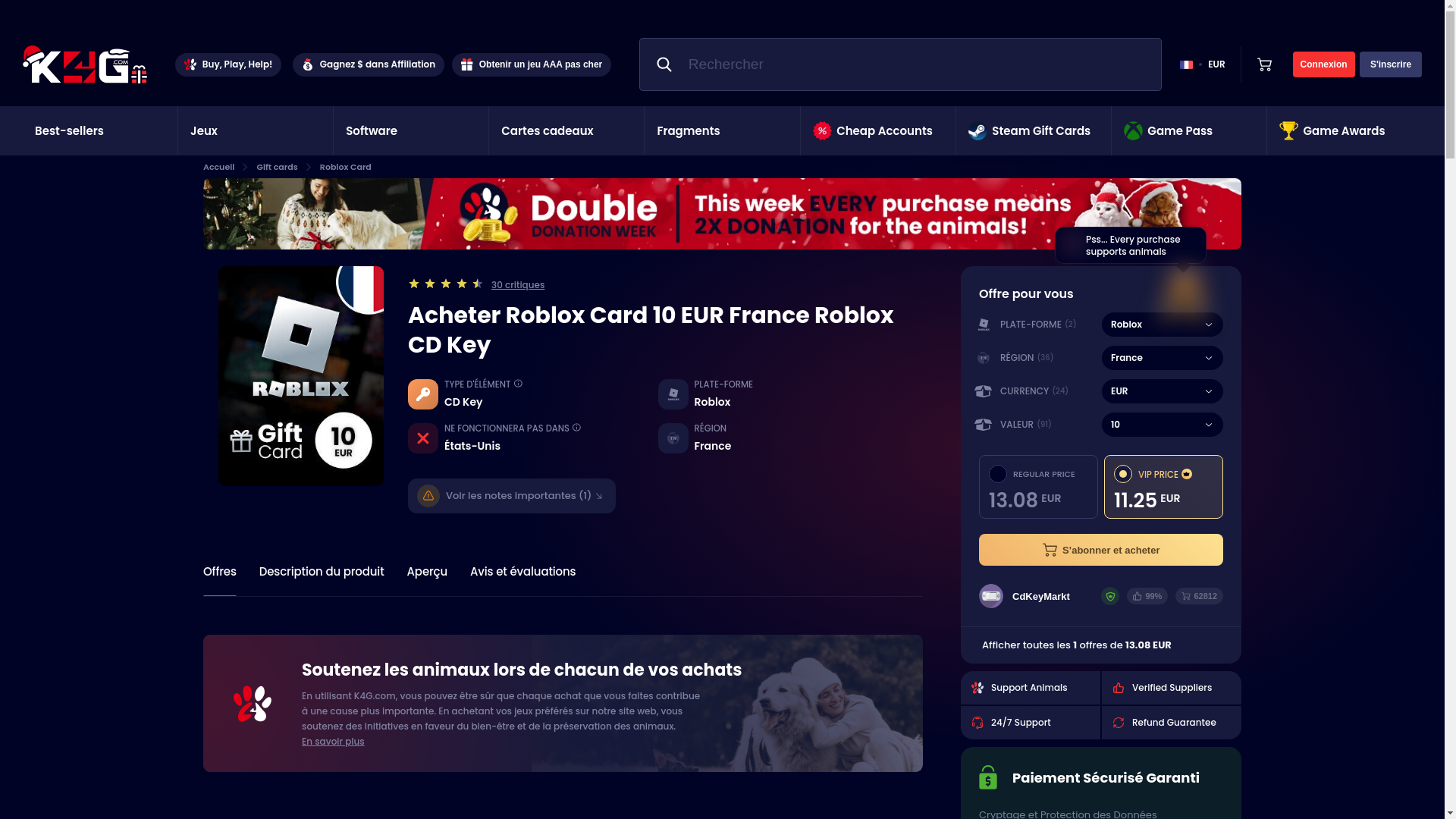 website screenshot of https://k4g.com/fr/product/roblox-card-roblox-france-eur-10-cd-key-780F1519
