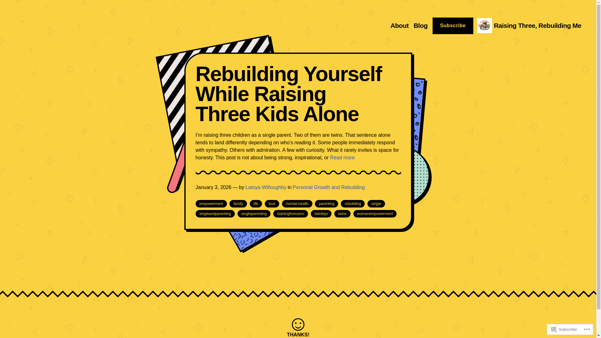 website screenshot of https://threeandthriving.com/