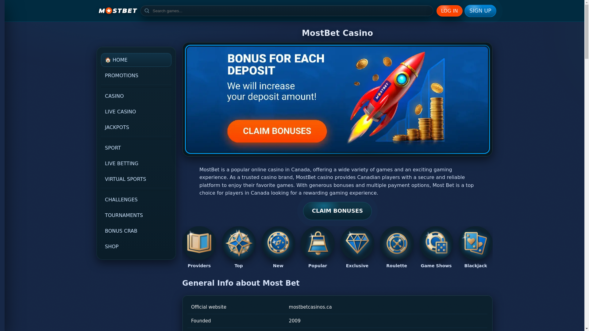 website screenshot of https://mostbetcasinos.ca/