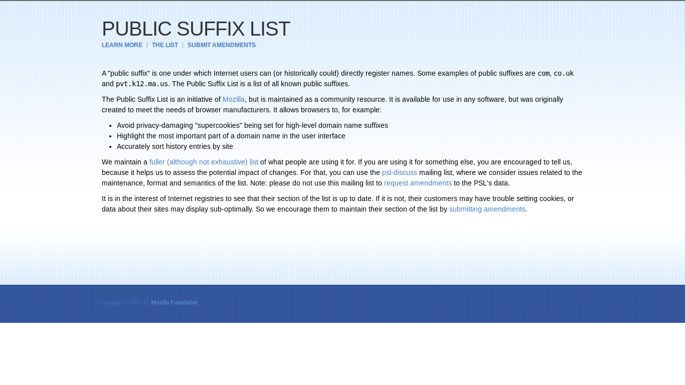 website screenshot of https://publicsuffix.org