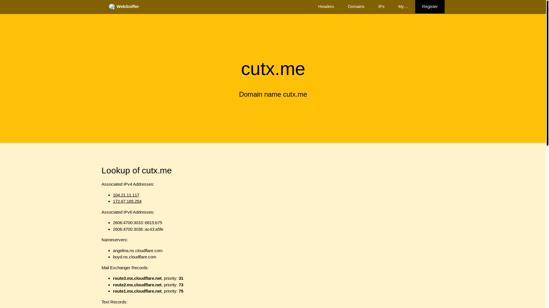 website screenshot of https://websniffer.com/domain/cutx.me