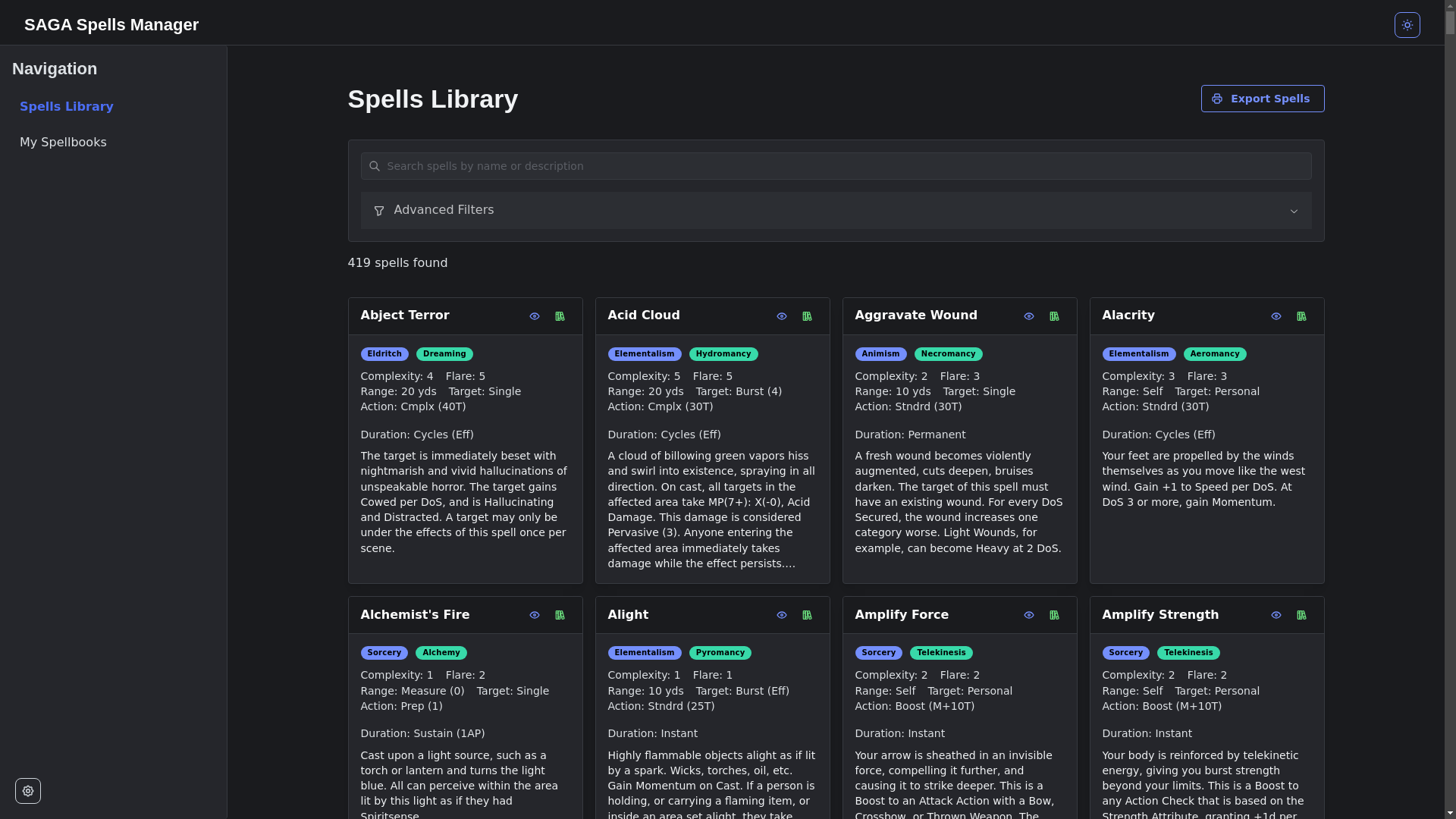 website screenshot of https://saga-spells.pages.dev/