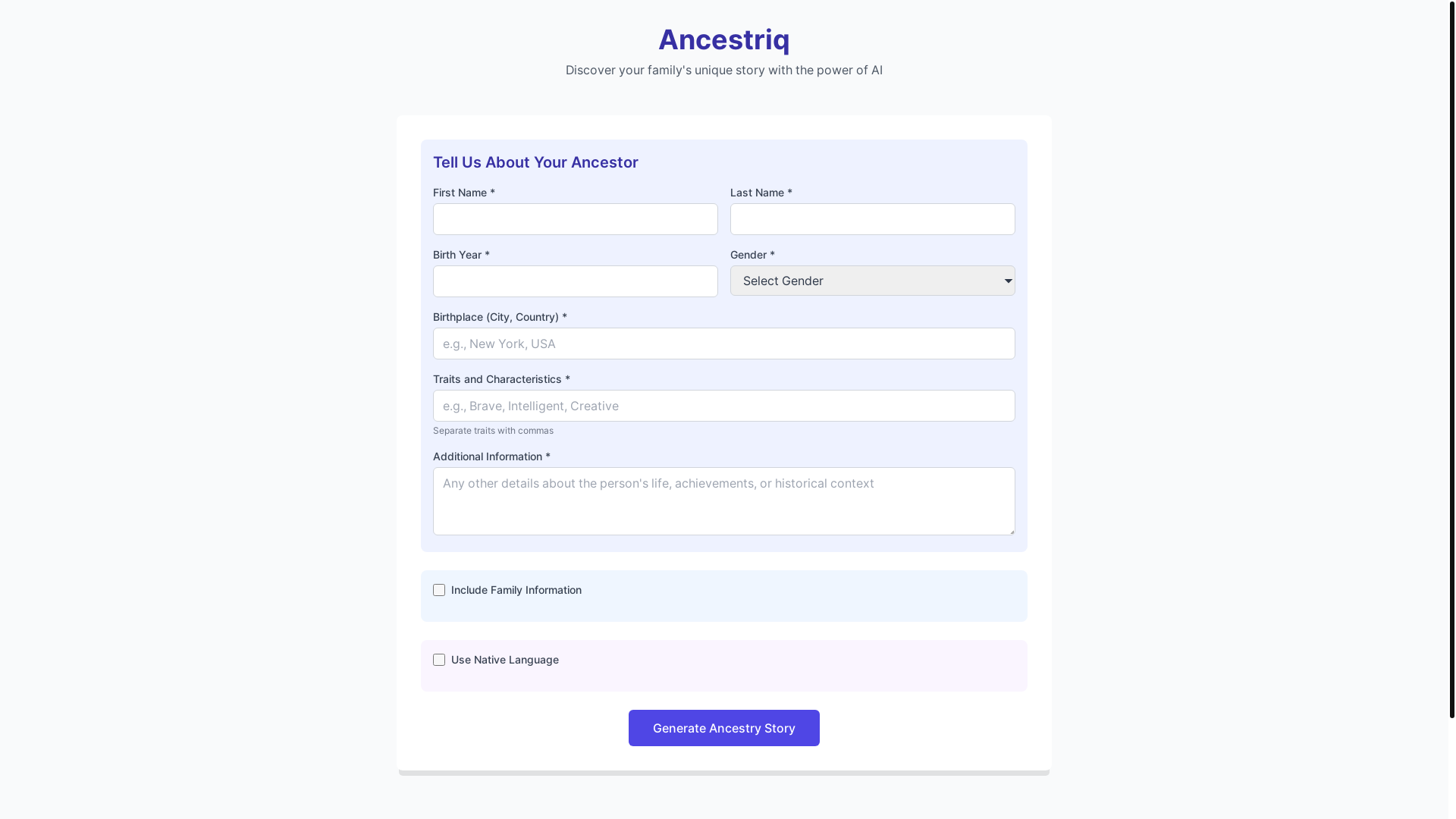 website screenshot of https://ancestriq.pages.dev/