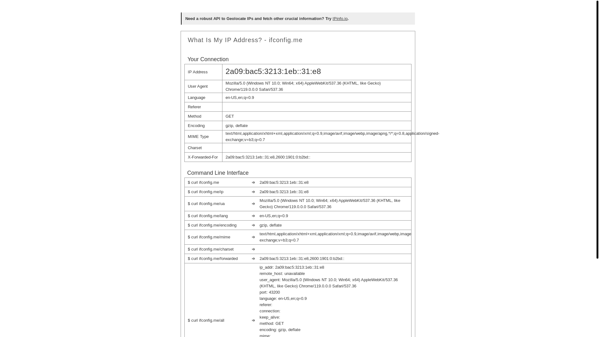 website screenshot of http://ifconfig.me/