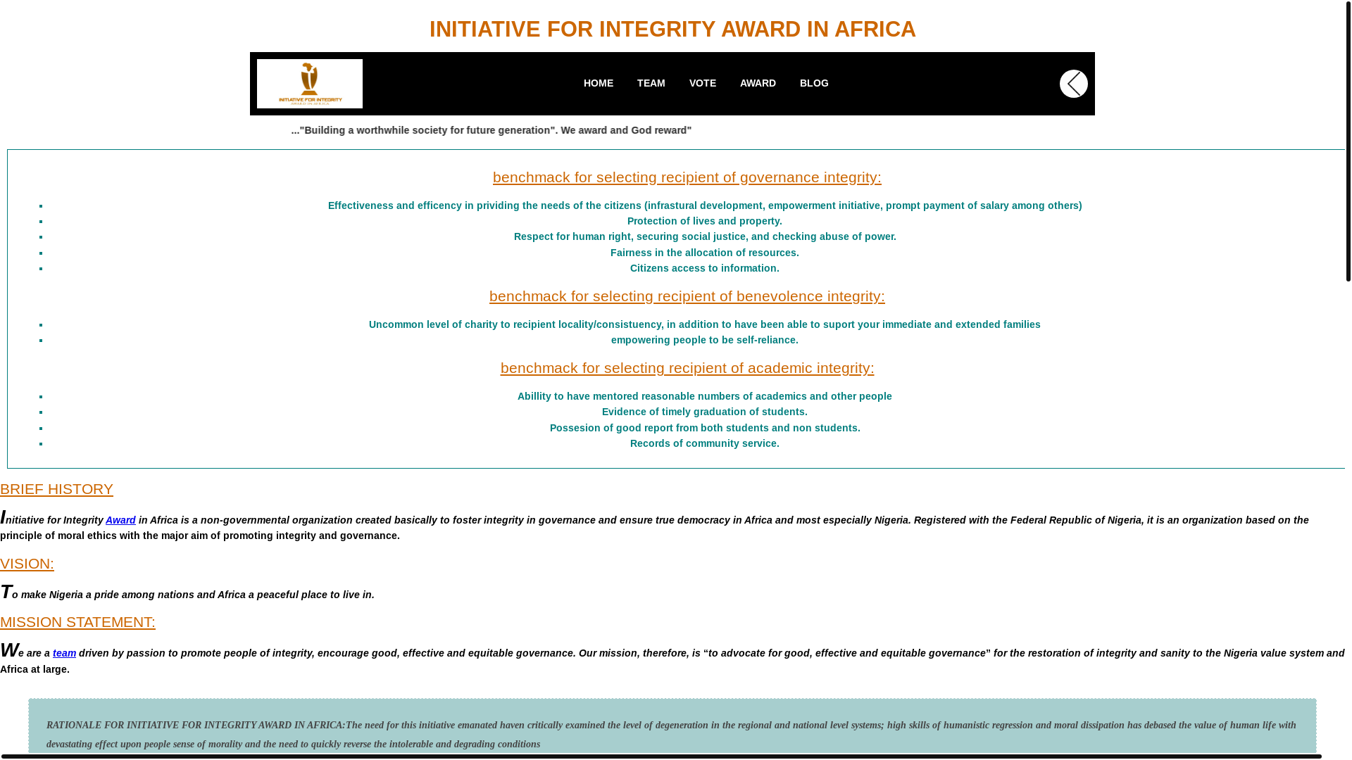website screenshot of https://integrityaward.net/