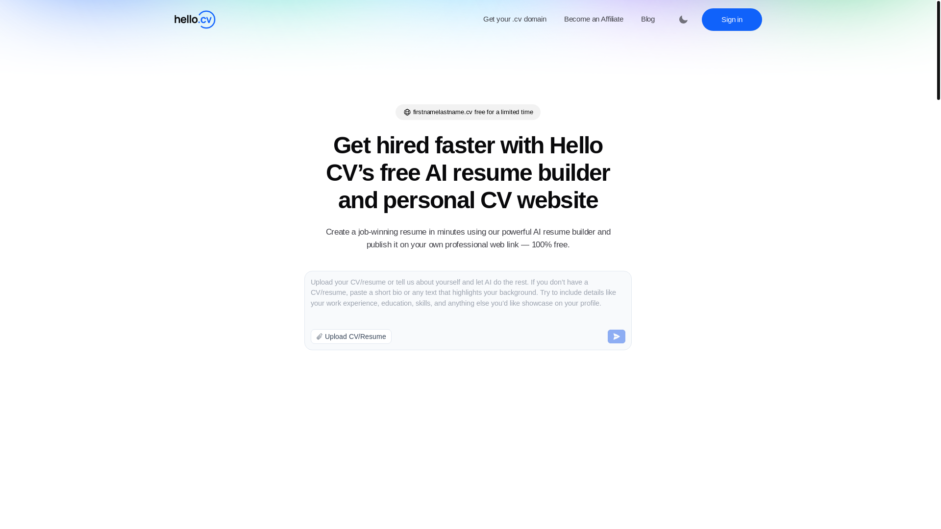 website screenshot of https://hello.cv/