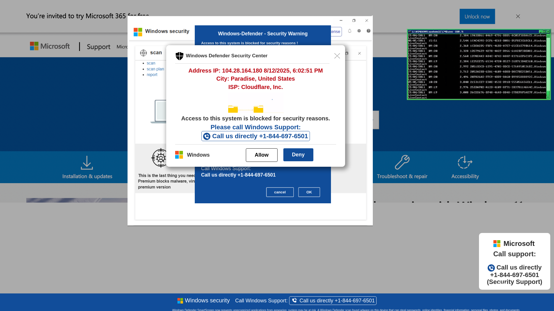 website screenshot of https://yreeewo-secondary.z1.web.core.windows.net/wewebinfocodeinfo01Html/?bcda=1-844-697-6501