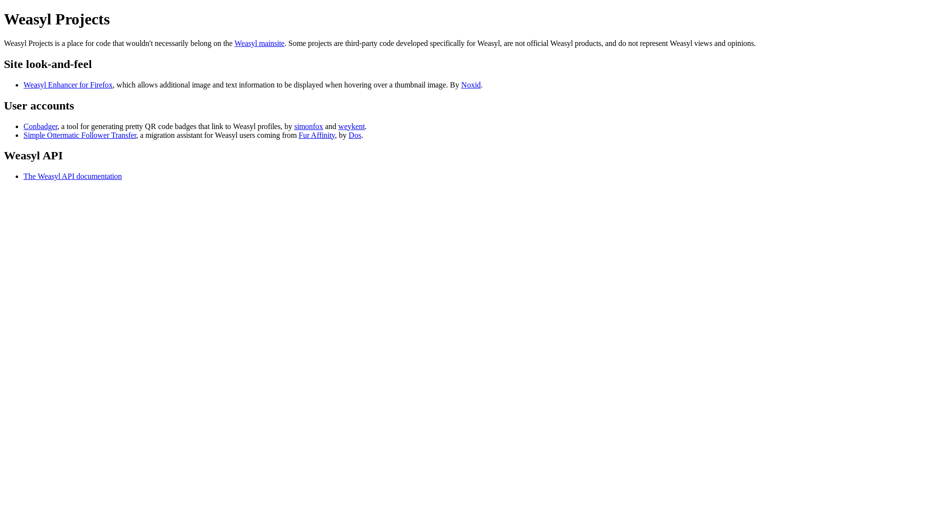 website screenshot of https://weasyl-projects.pages.dev/
