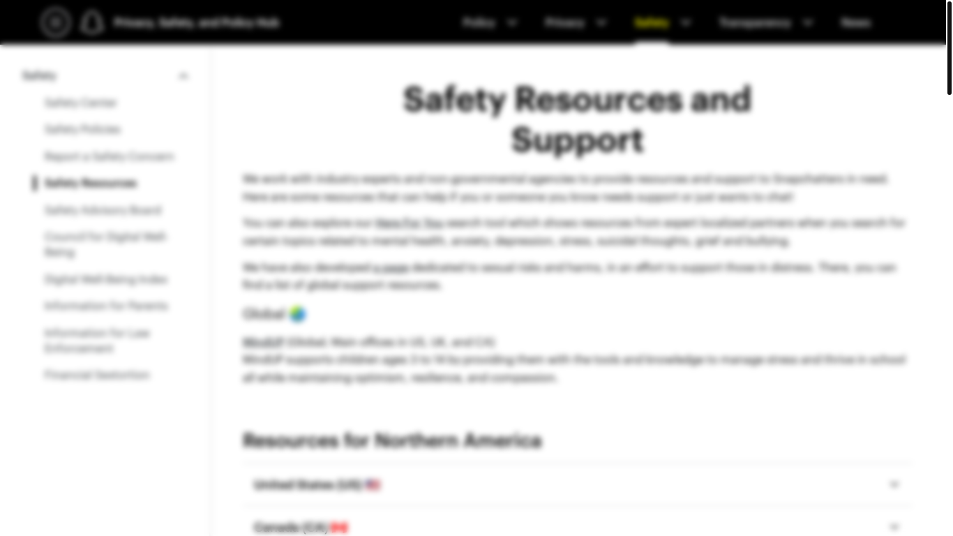 website screenshot of https://values.snap.com/safety/safety-resources