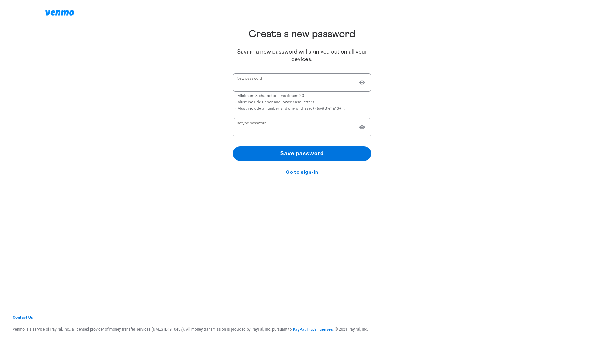 website screenshot of https://venmo.com/account/password-new?reset_key=0ba4355dc89692517aeebe45e94228ad3ccd2764383539a955cdf9fd822b541b&client=phone&utm_medium=phone&ts=1764532588&user_external_id=1260475039875073016