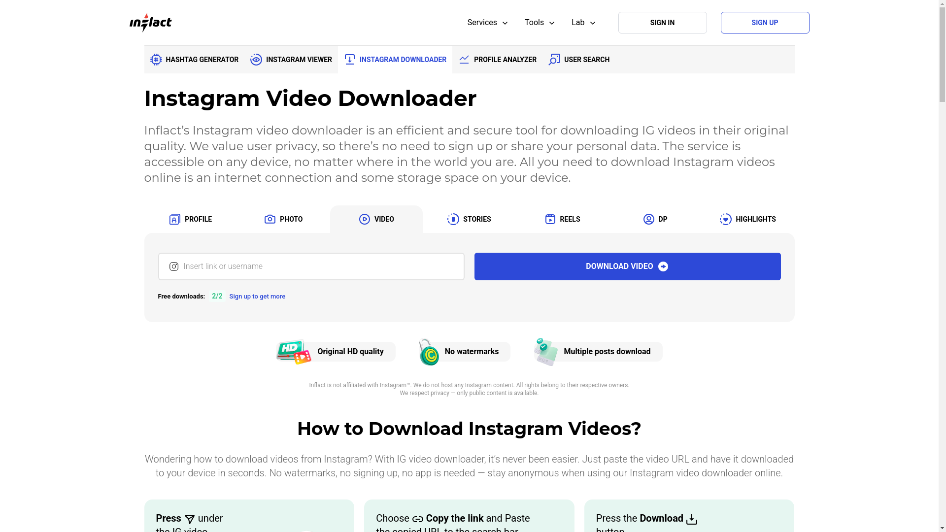 website screenshot of https://inflact.com/instagram-downloader/video/