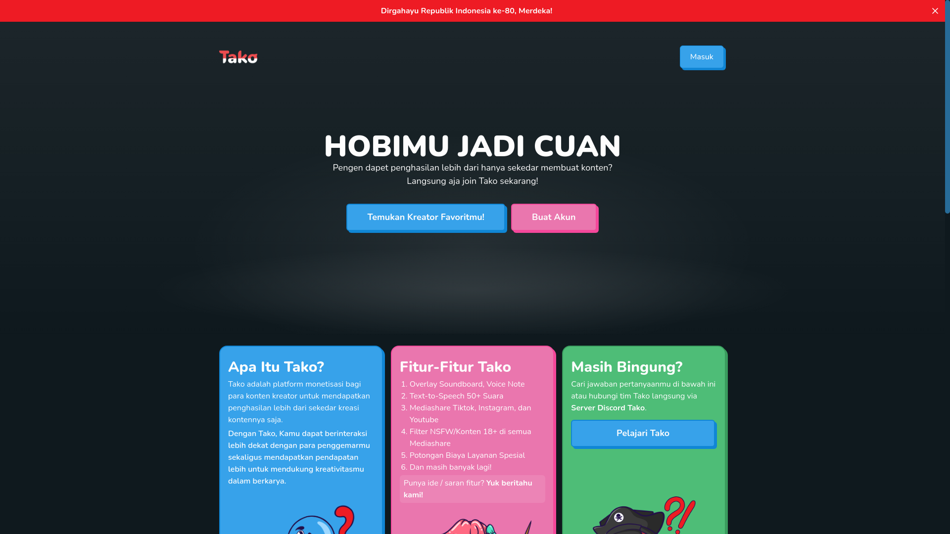 website screenshot of https://tako.id/