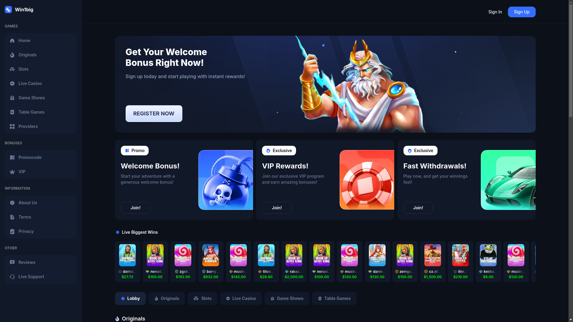 website screenshot of https://win1big.com/