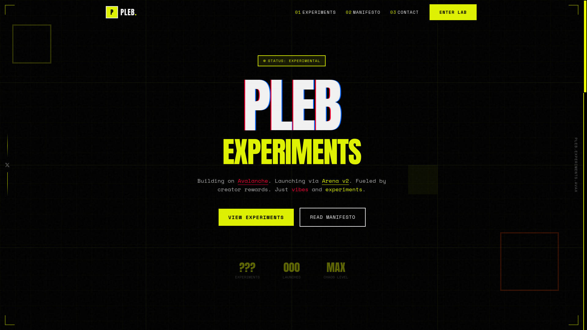 website screenshot of https://plebsperiments.xyz/