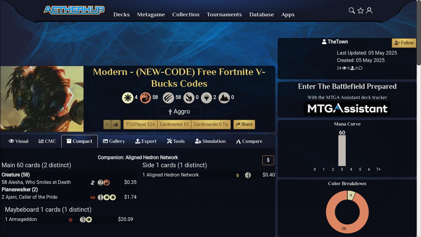 website screenshot of https://aetherhub.com/Deck/new-code-free-fortnite-v-bucks-codes-1186549