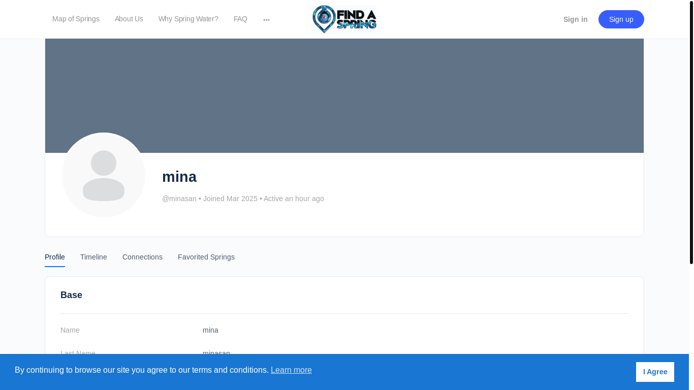website screenshot of https://findaspring.org/members/minasan/profile/