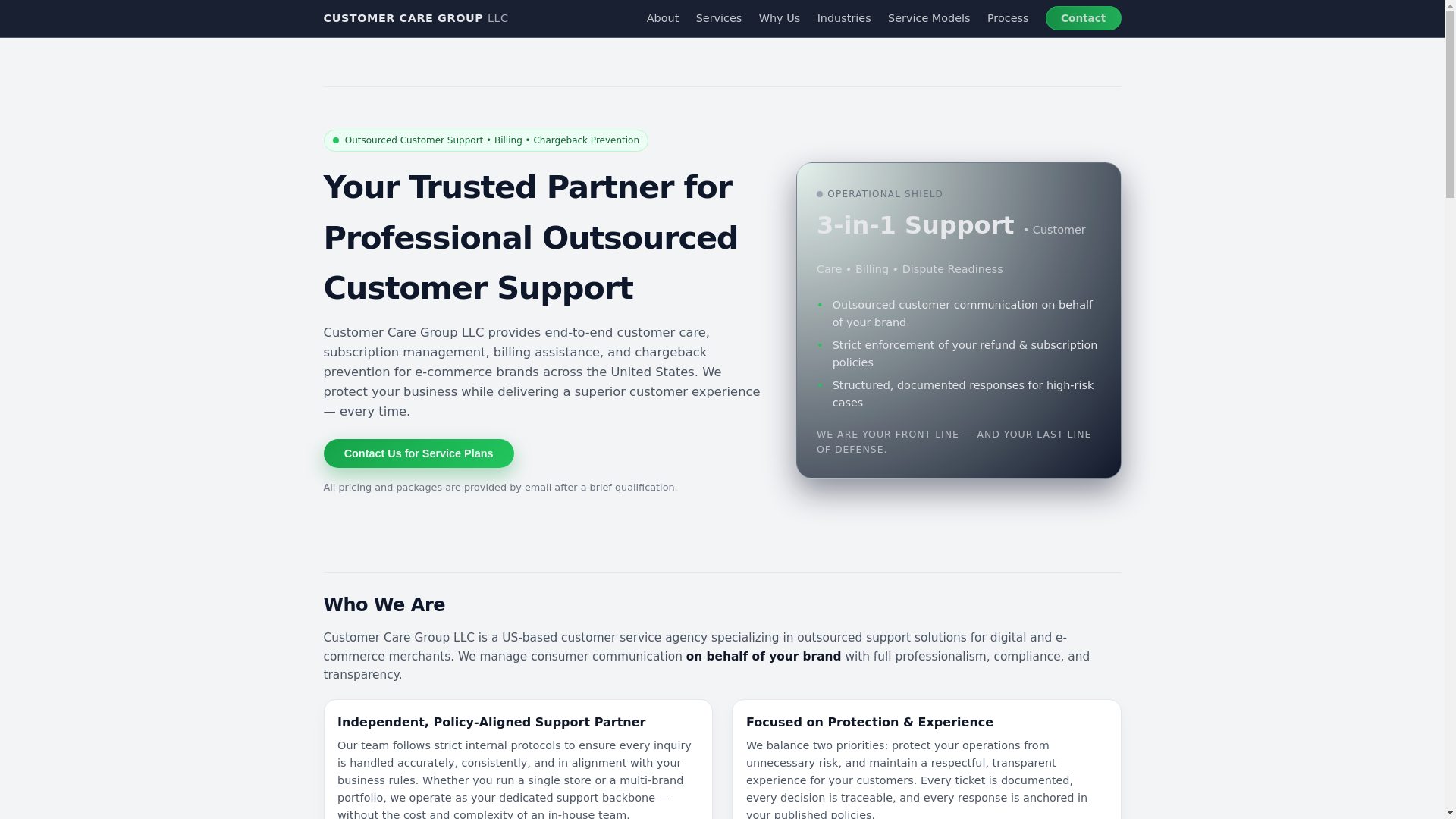 website screenshot of https://customercaregroup.org/