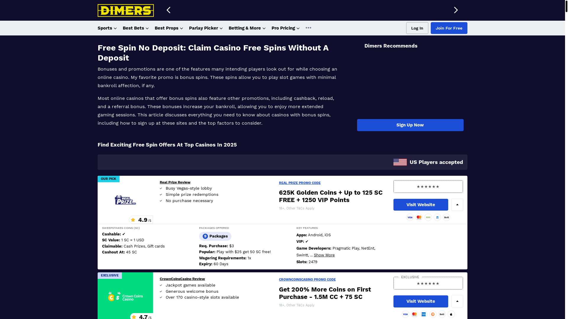 website screenshot of https://ng.datingguide.com.au/?Type=lnk&DgNo=4&DestURL=https://www.dimers.com/sweepstakes-casinos/promo-code/free-spins