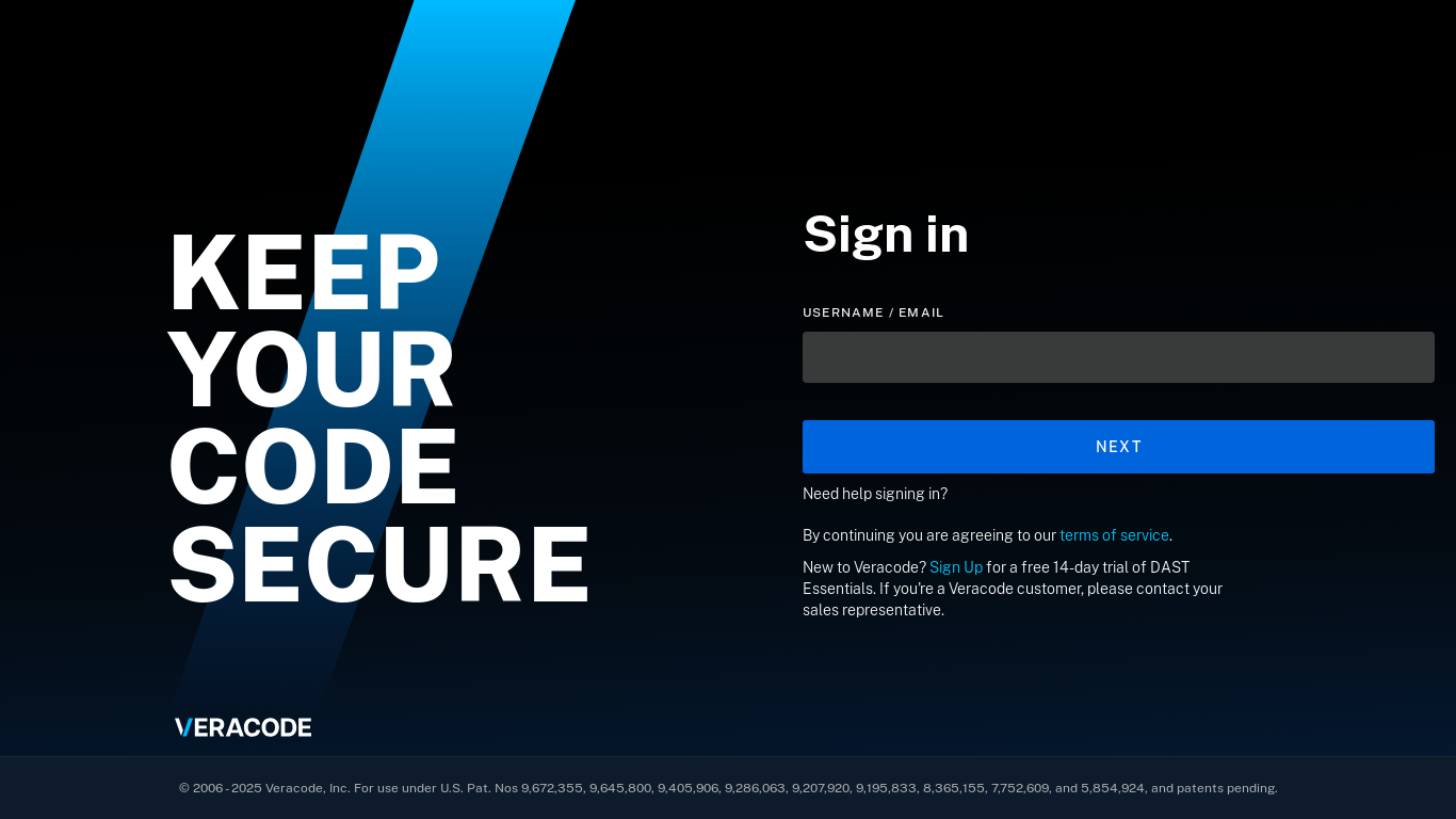website screenshot of https://analysiscenter.veracode.com/auth/index.jsp