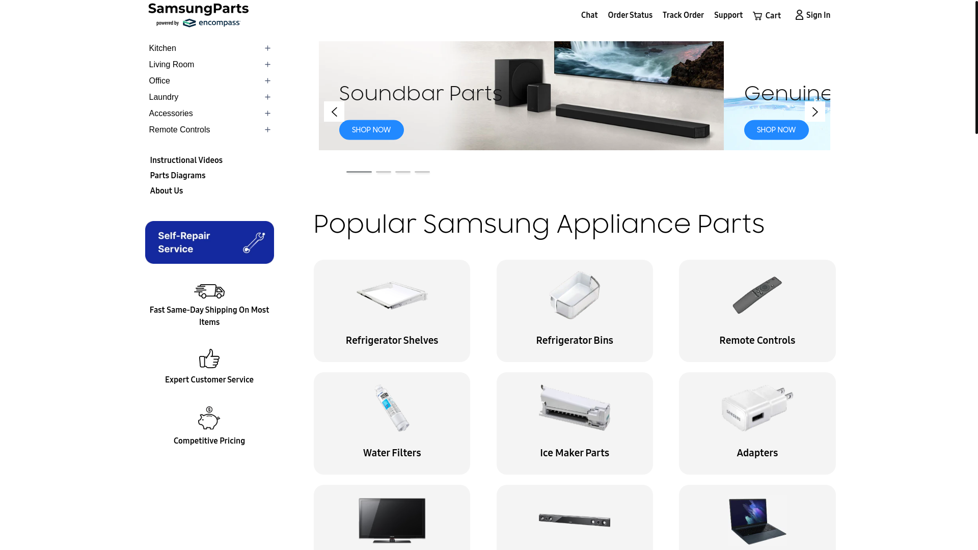 website screenshot of https://samsungparts.com/
