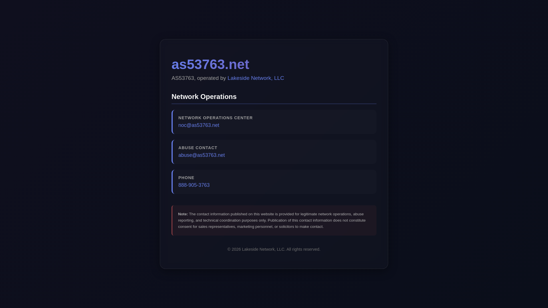 website screenshot of https://as53763.net