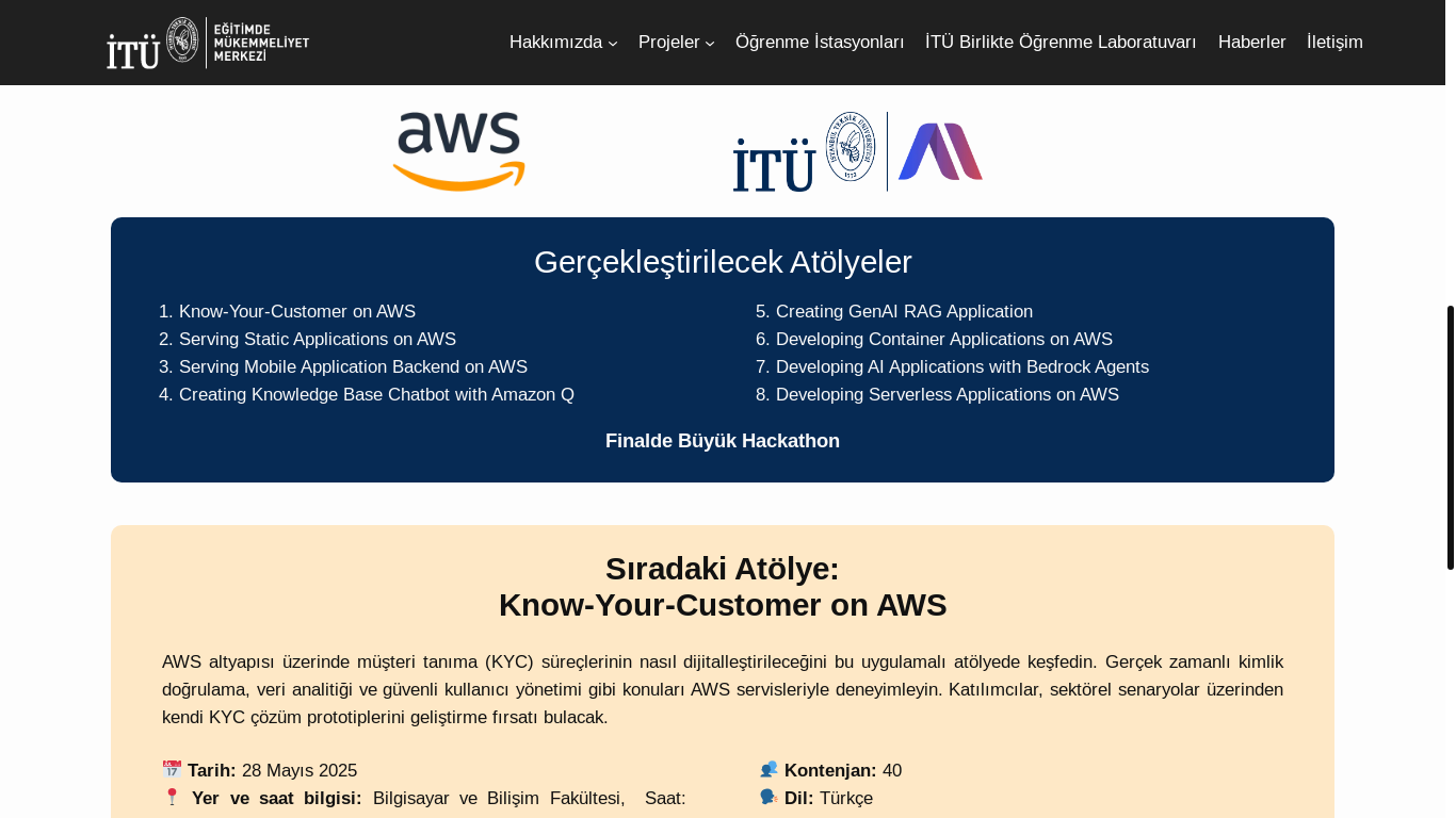 website screenshot of https://mukemmeliyet.itu.edu.tr/aws-atolyeleri/#atolyeler