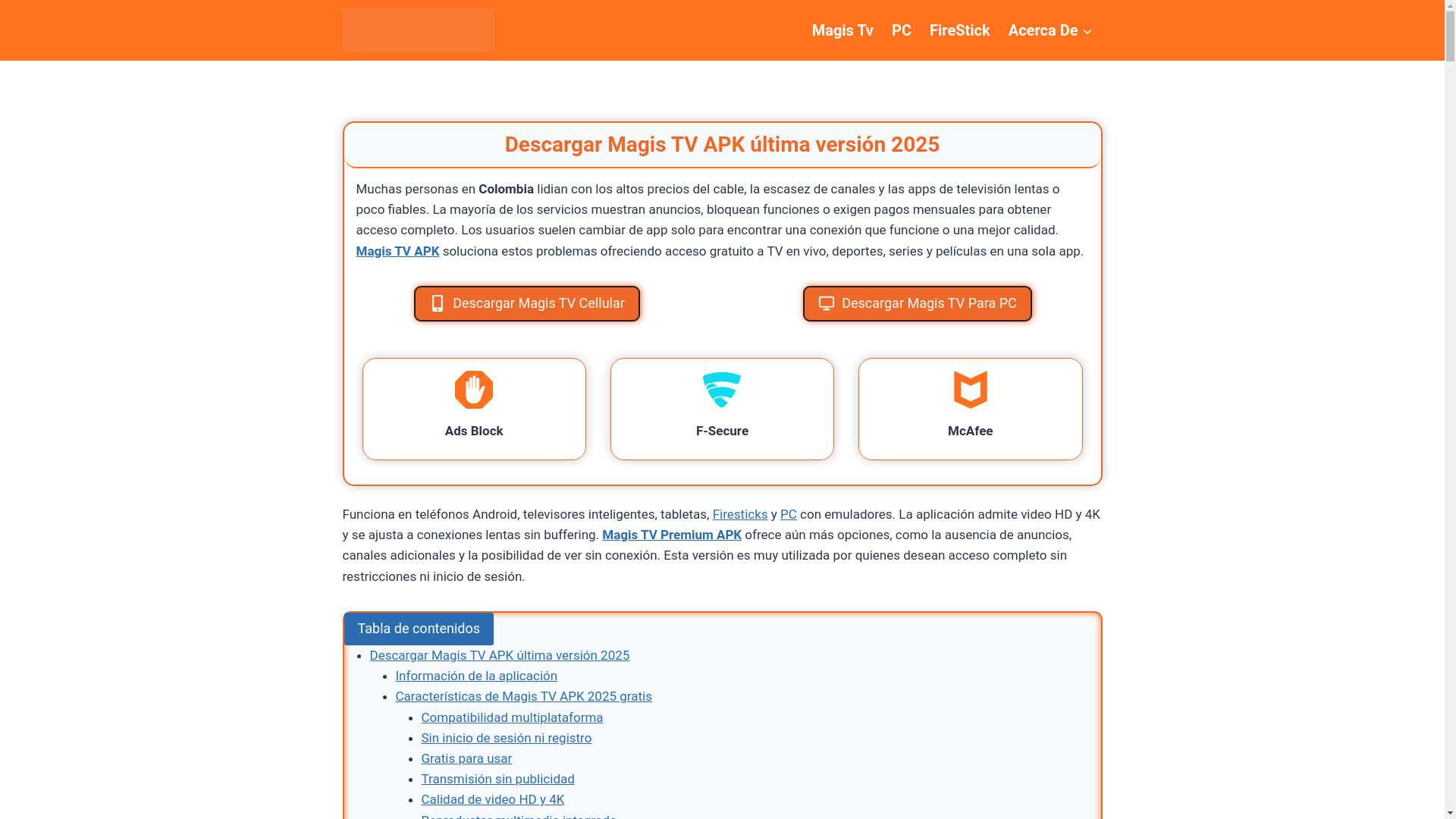 website screenshot of https://magistv.cat/apk-tv-en-vivo-android/
