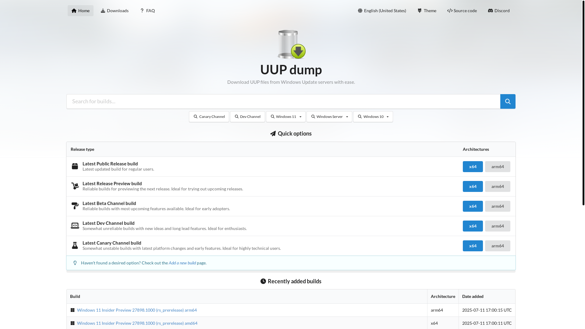 website screenshot of https://uupdump.net/