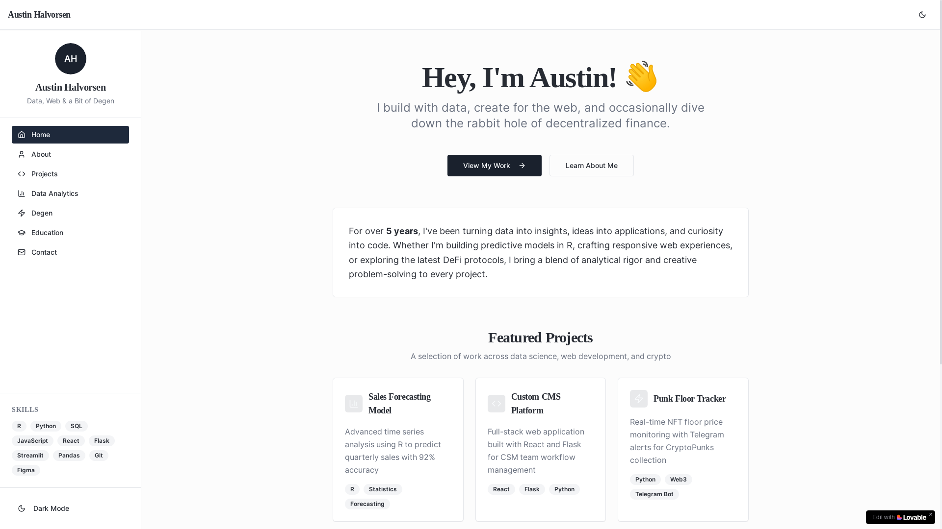 website screenshot of https://austinhalvorsen.dev/