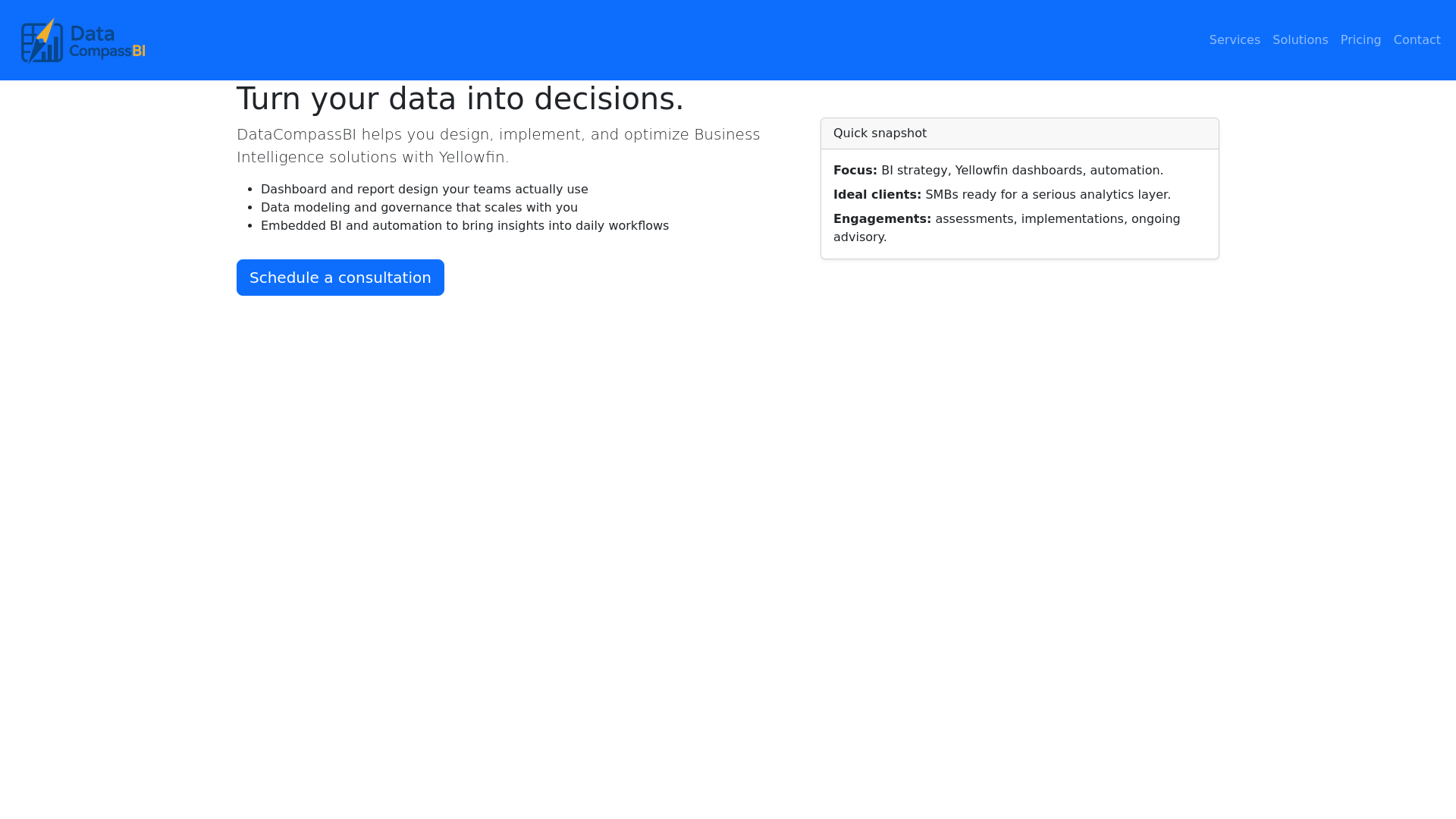 website screenshot of https://datacompassbi.com/
