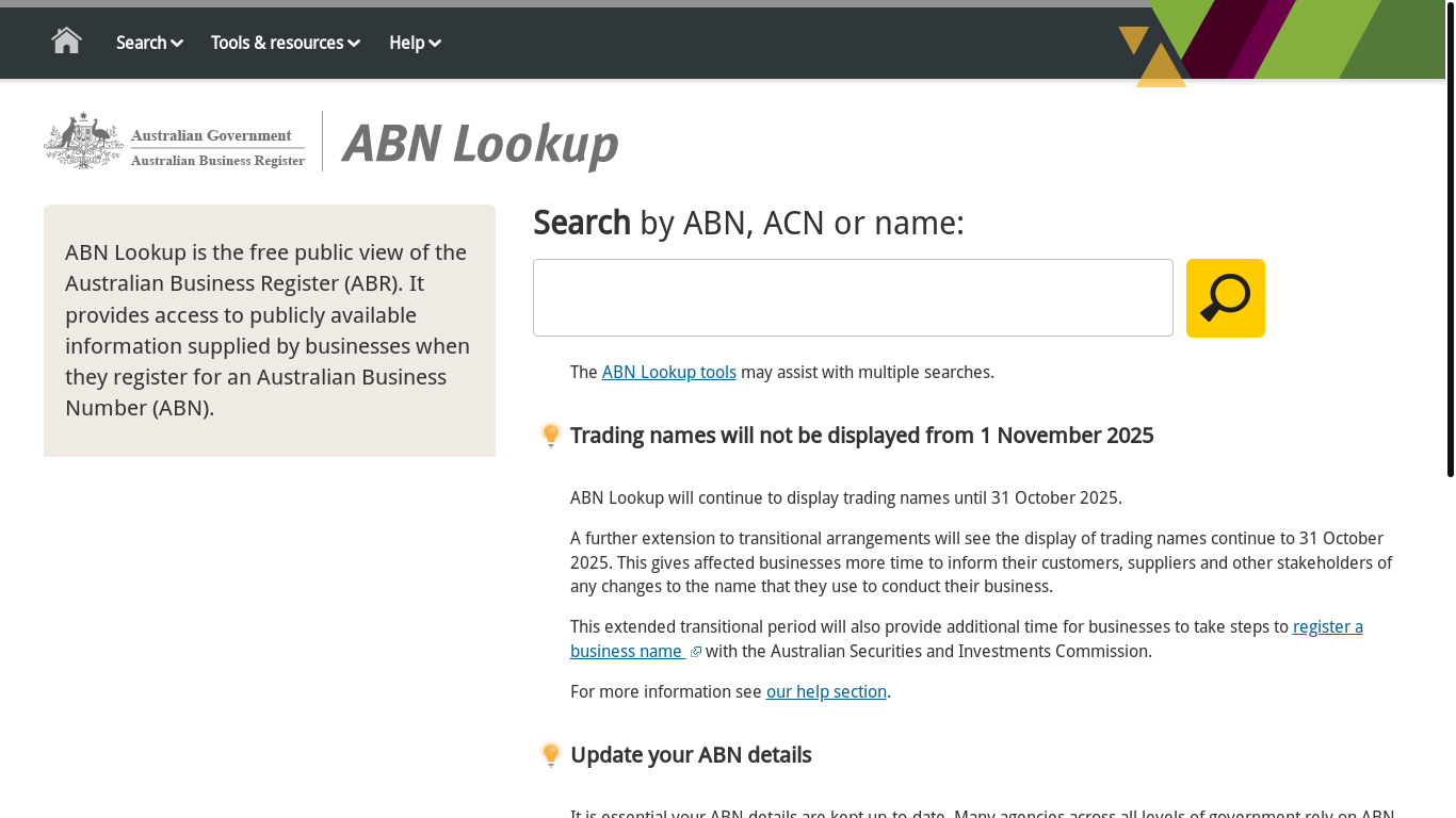 website screenshot of https://abr.business.gov.au/