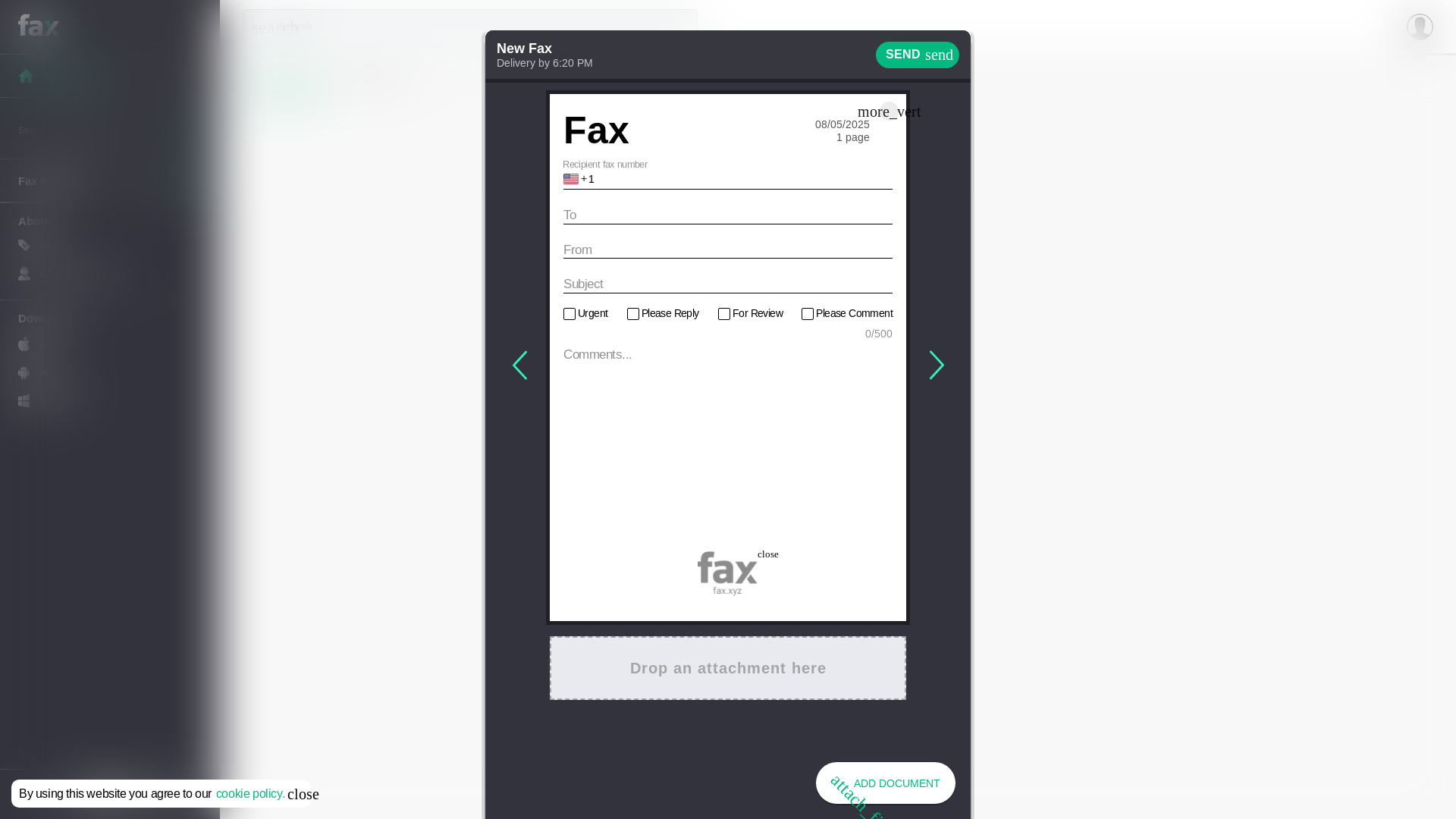 website screenshot of https://web.fax.xyz/new-fax?utm_source=iFax&utm_medium=free-fax-lp