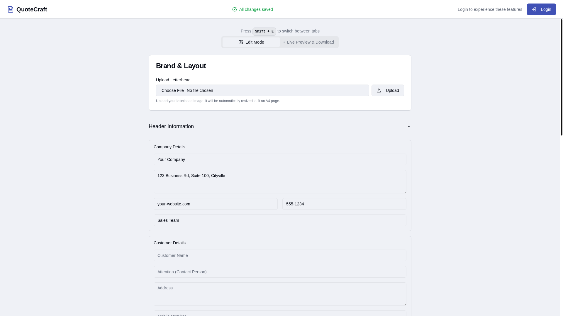 website screenshot of https://quotecraft.work/