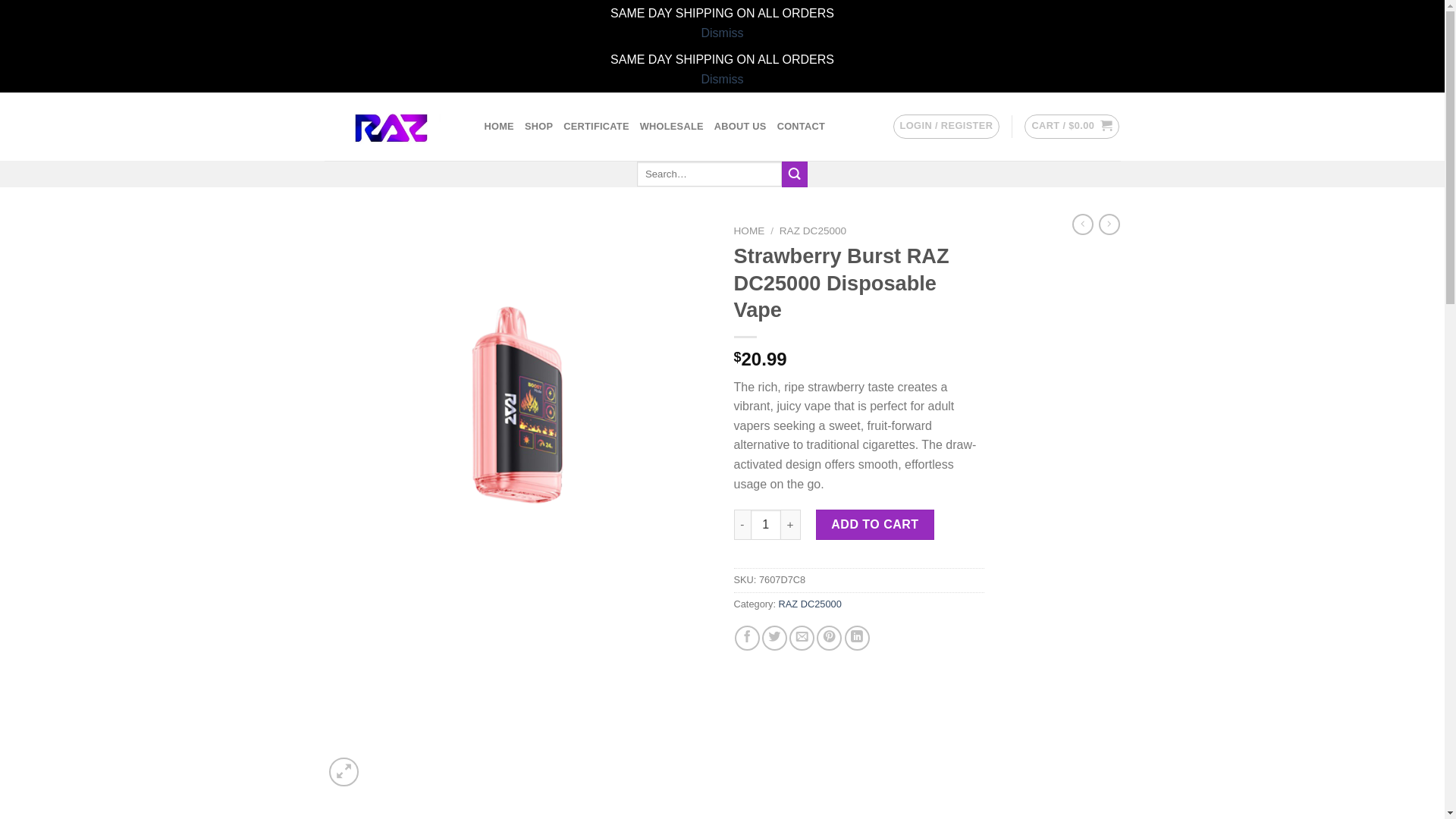 website screenshot of https://officialrazvape.com/product/strawberry-burst-raz-dc25000-disposable-vape/