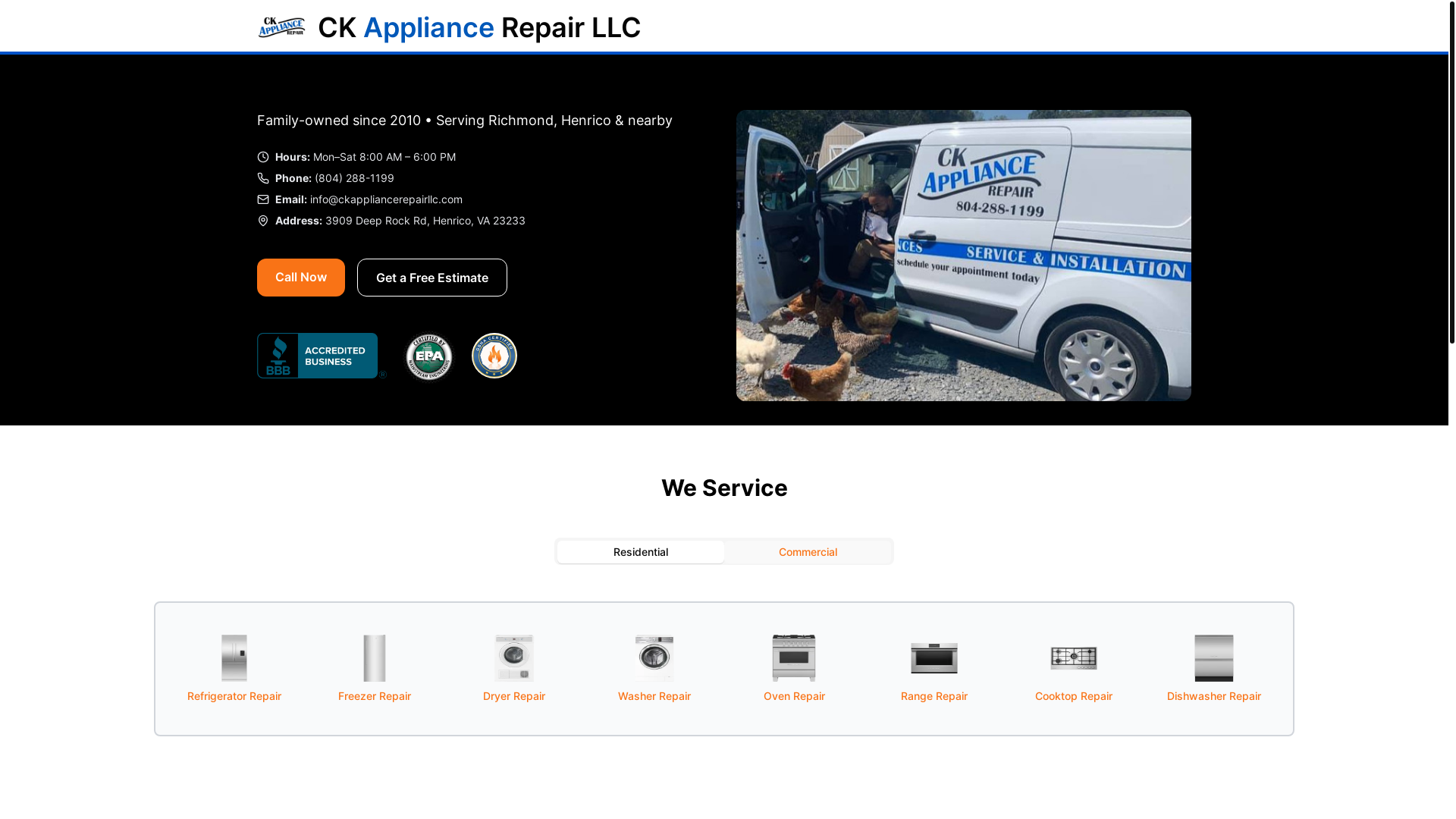 website screenshot of https://ckappliancerepairllc.com/