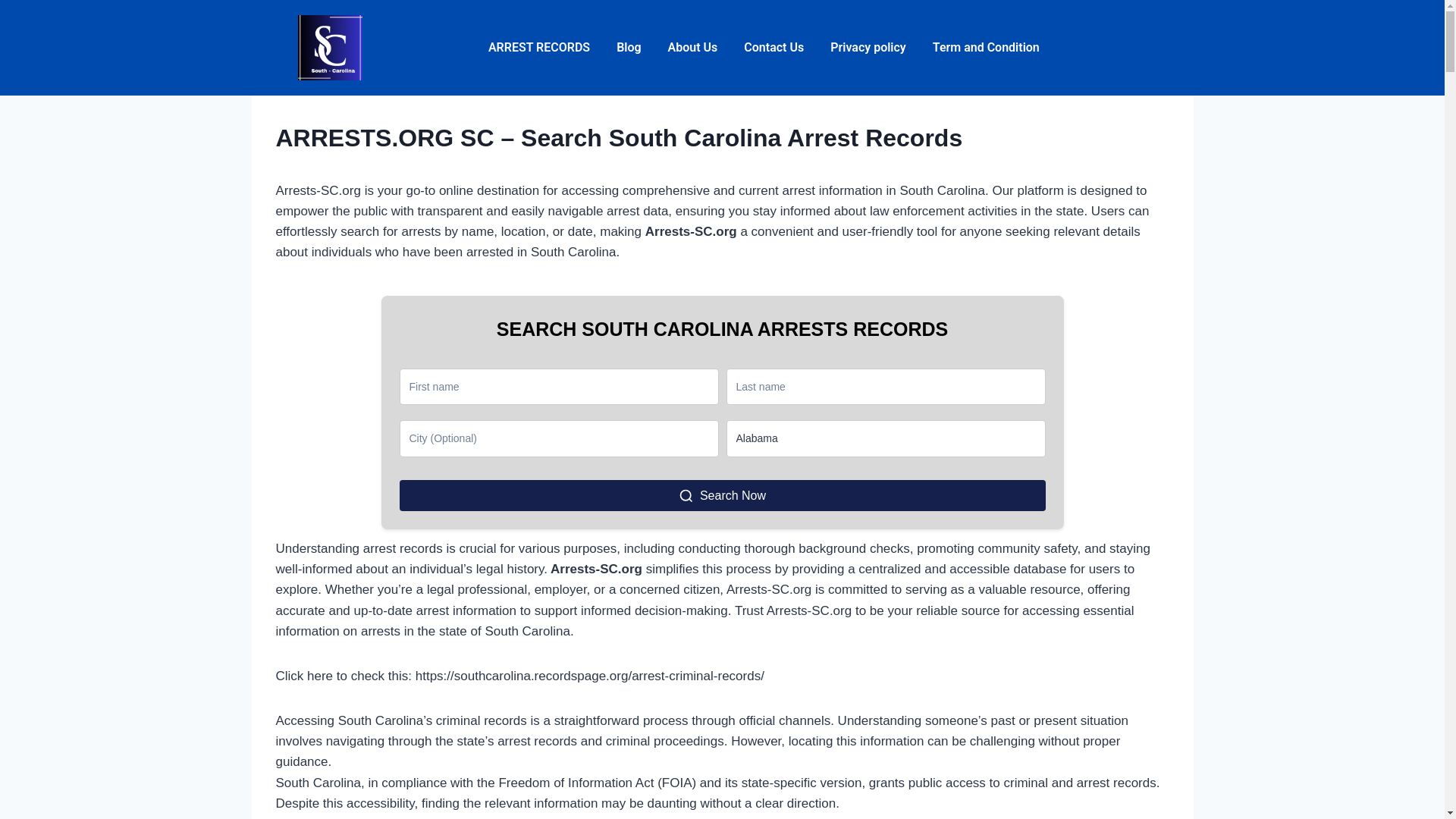website screenshot of https://arrests-sc.org/