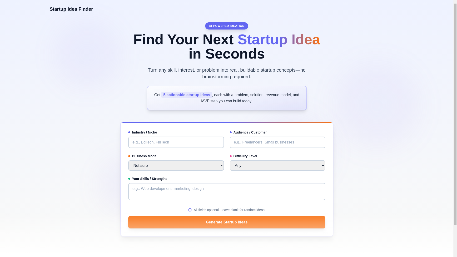 website screenshot of https://startupideafinder.com/