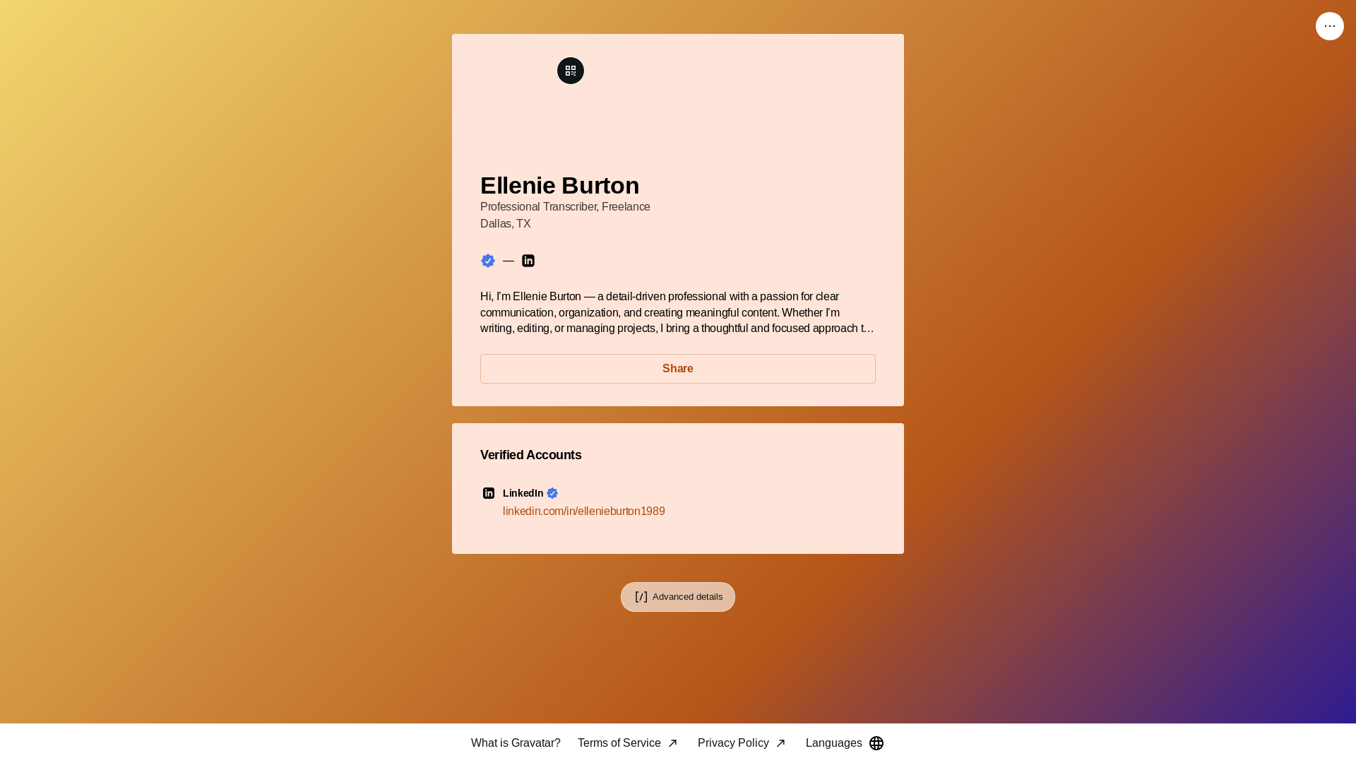 website screenshot of https://ellenieburton.link/