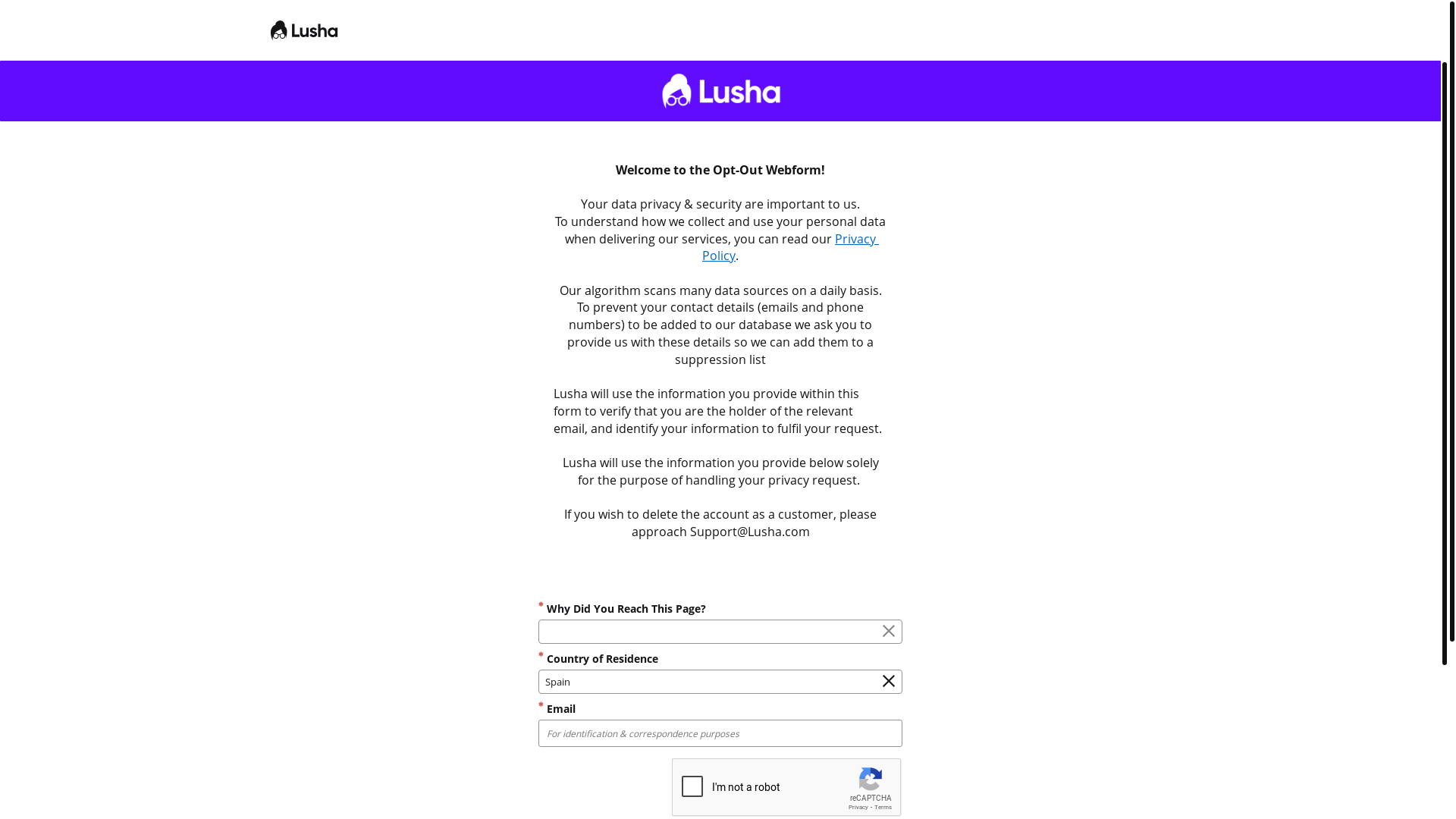 website screenshot of https://www.lushaprivacy.com/removal-form/