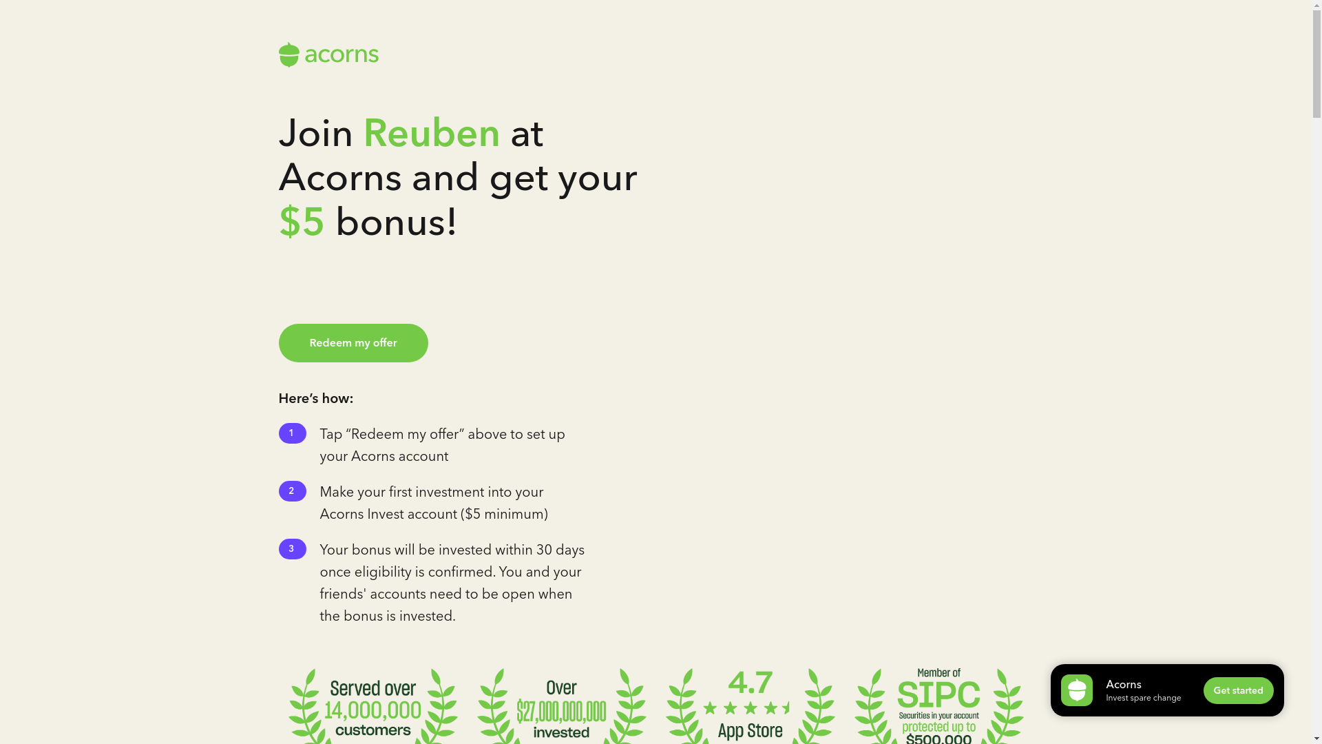 website screenshot of https://acorns.com/share/?shareable_code=L4JZ3XP&first_name=Reuben&friend_reward=5