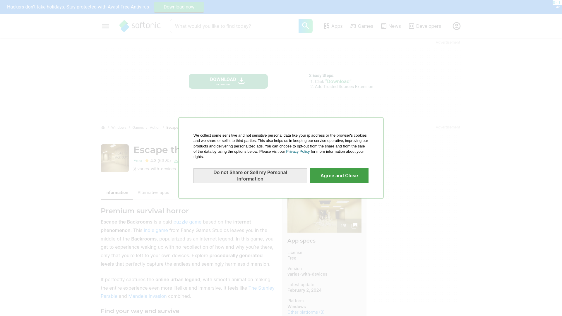 website screenshot of https://escape-the-backrooms.en.softonic.com/
