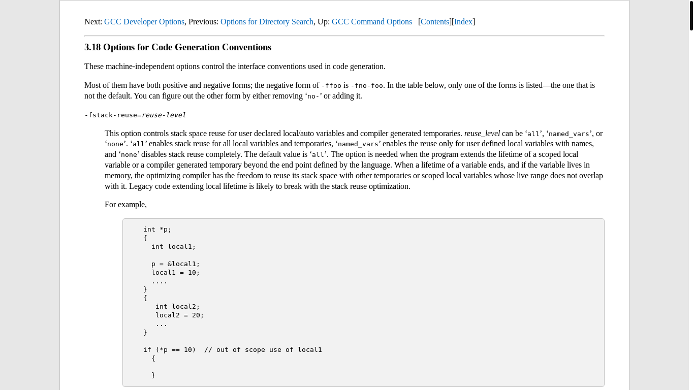 website screenshot of https://gcc.gnu.org/onlinedocs/gcc/Code-Gen-Options.html