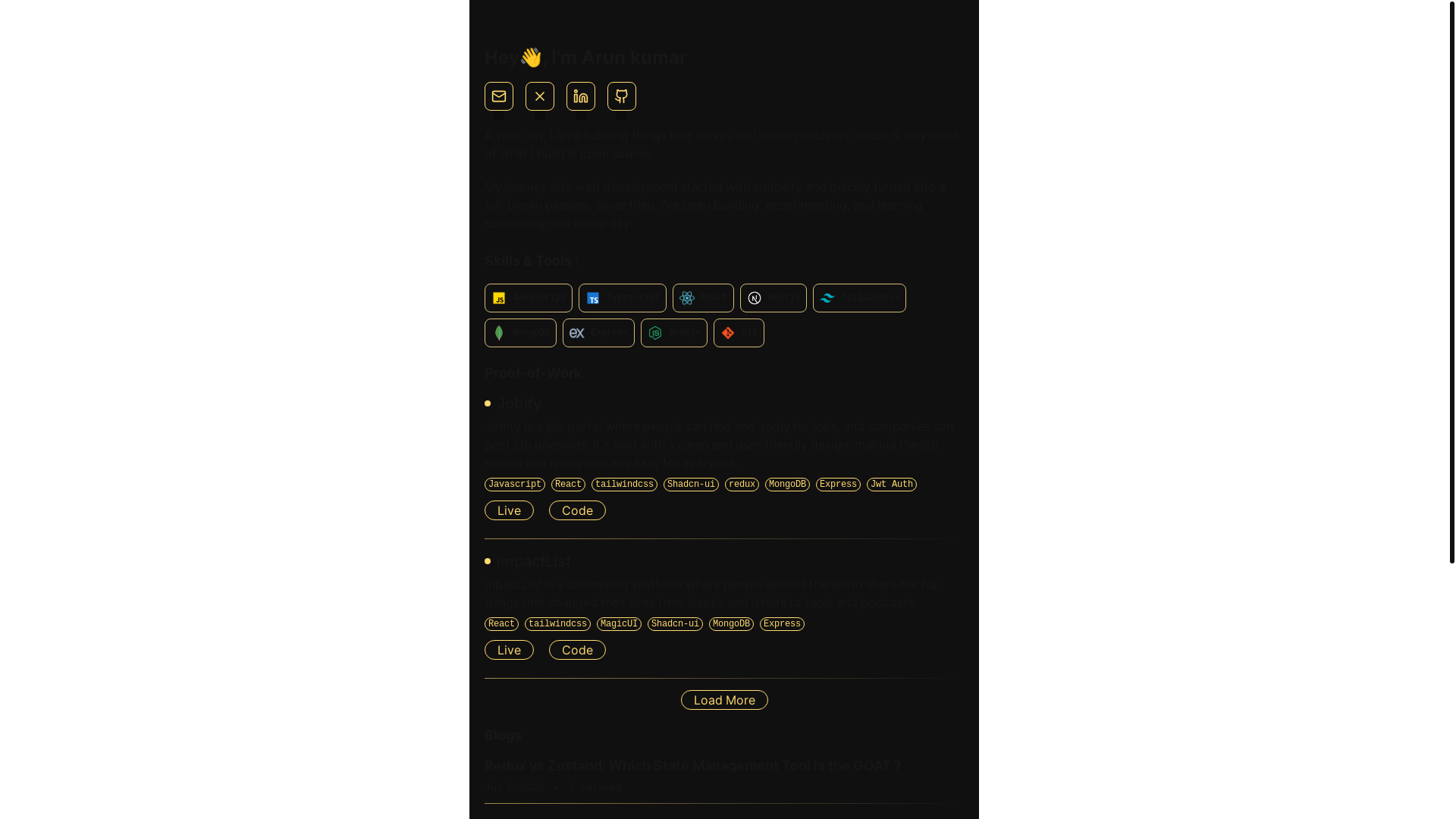 website screenshot of https://hiarun.me/