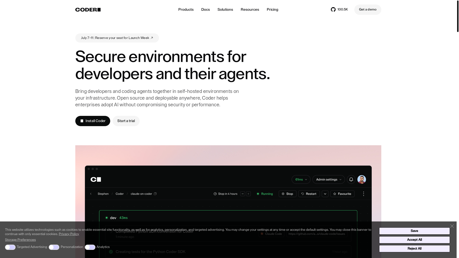 website screenshot of https://coder.com/