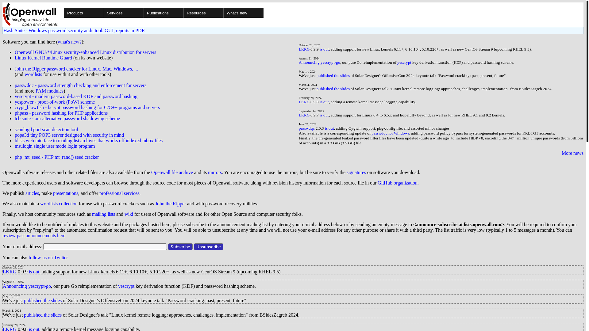 website screenshot of https://www.openwall.com/